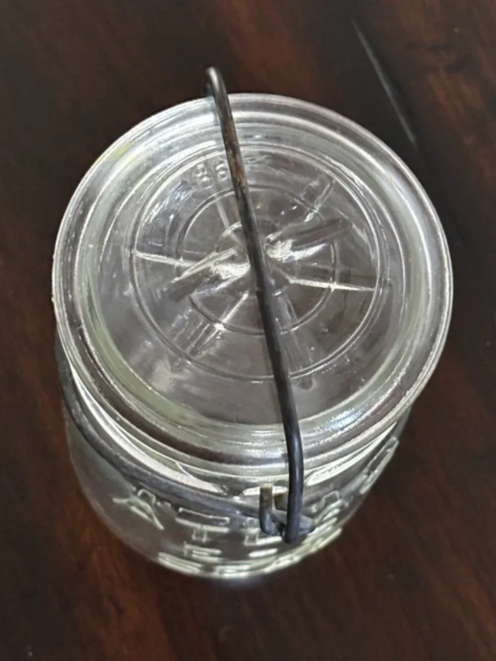 Hazel-Atlas “Atlas E-Z Seal” clear glass canning jar, likely 1930s–1940s.